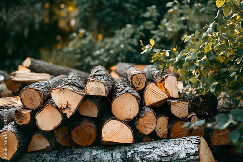 rustic woodpile and logs in natural setting with green bush in background