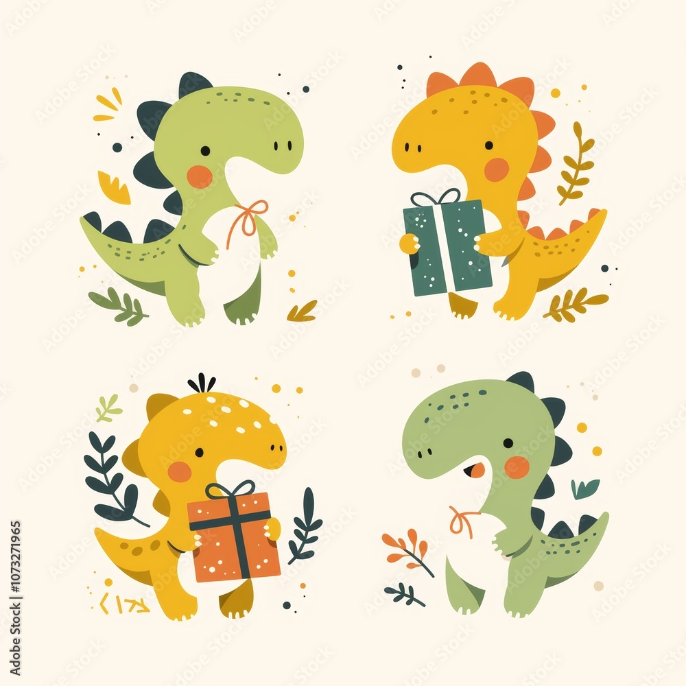 Naklejka premium Cute Dinosaur Characters with Festive, Colorful Gifts and Leaves