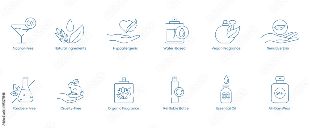 Vector Icons for Alcohol-Free, Natural Ingredients, Hypoallergenic, Water-Based, Vegan Fragrance, Sensitive Skin, Paraben-Free, Cruelty-Free, Organic Fragrance, Refillable Bottle, Essential Oil Vector Icons for Alcohol-Free, Natural Ingredients, Hypoallergenic, Water-Based, Vegan Fragrance, Sensitive Skin, Paraben-Free, Cruelty-Free, Organic Fragrance, Refillable Bottle, Essential Oil