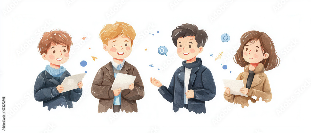 A colorful illustration depicting four young people engaging in conversation, holding papers and surrounded by playful shapes, conveying a cheerful, collaborative atmosphere. A colorful illustration depicting four young people engaging in conversation, holding papers and surrounded by playful shapes, conveying a cheerful, collaborative atmosphere.