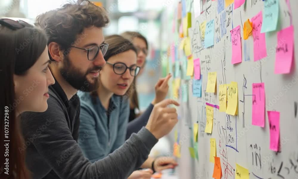 Group of young entrepreneurs collaborating and strategizing their startup initiative using sticky notes on a whiteboard. Ideas flow as they brainstorm and outline their project