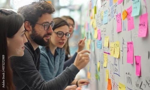 Group of young entrepreneurs collaborating and strategizing their startup initiative using sticky notes on a whiteboard. Ideas flow as they brainstorm and outline their project