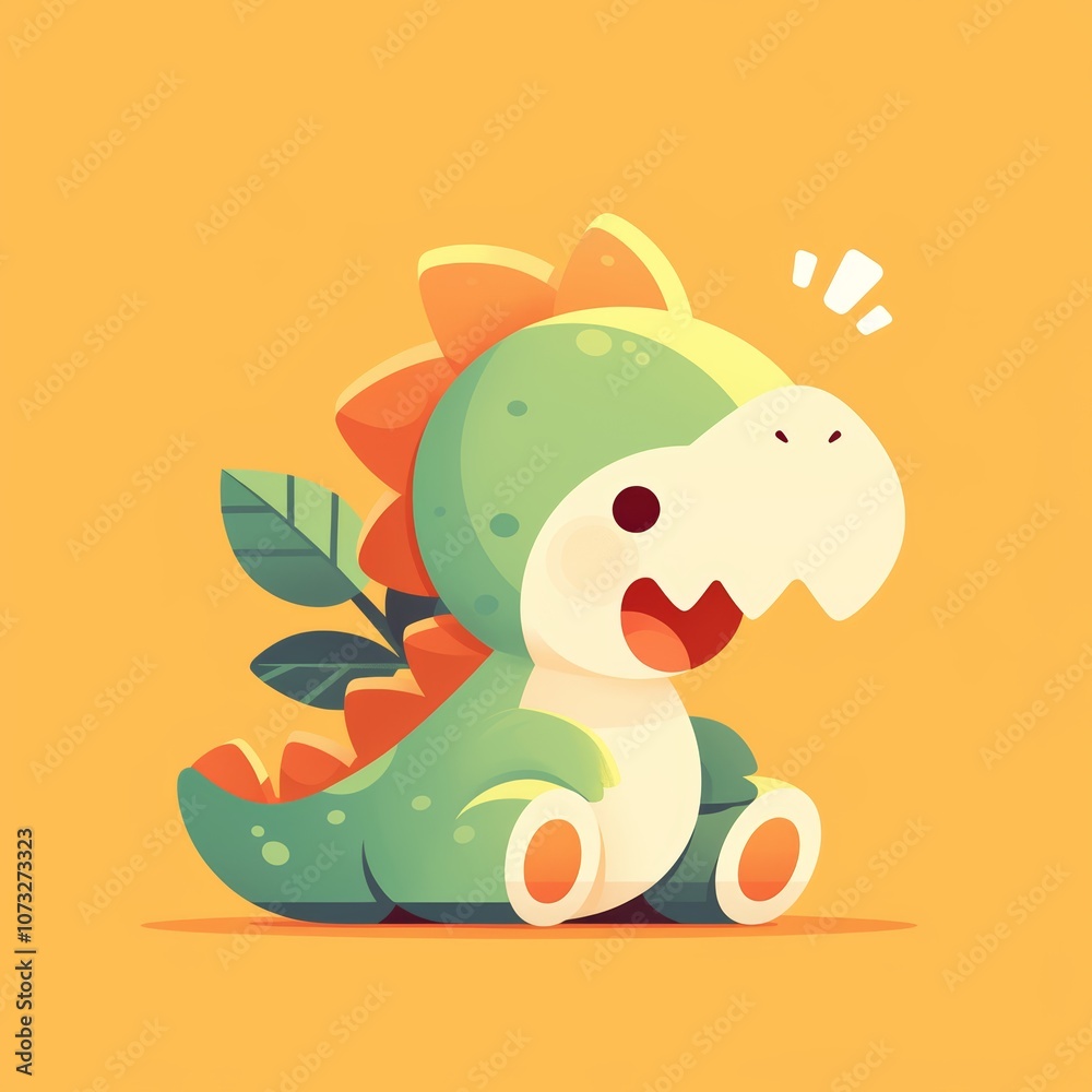 Obraz premium Cute Cartoon Dinosaur with Leafy Back on Yellow Background