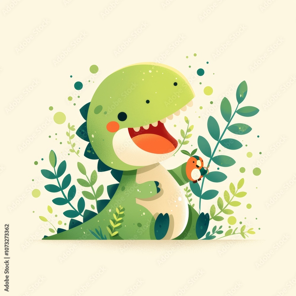 Obraz premium Playful Dinosaur Amidst Lush Greenery in Whimsical Cartoon Style