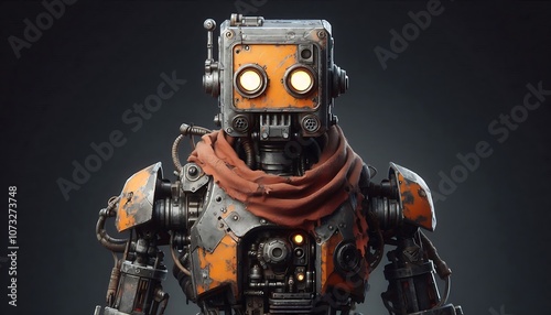 Weathered Humanoid Robot with Glowing Eyes in a Dystopian Foggy Landscape