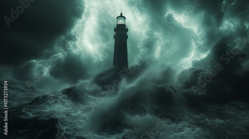 Lighthouse in stormy sea with dramatic turquoise clouds, moody seascape