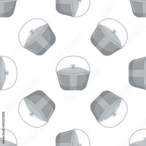 Seamless pattern with camping pots, cooking pots with lid and handle, monochrome vector illustration on white background