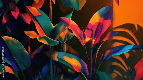 Vibrant Jungle Scene with Layered Leaves and Sunset Lighting