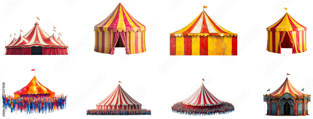 Fototapeta premium Colorful circus tents set up for an upcoming performance in town isolated on transparent background