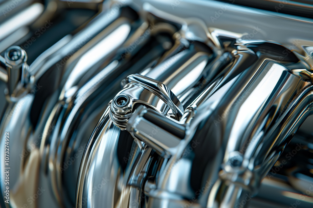 Metallic components of an automotive engine are displayed in detail, highlighting their smooth, shiny surfaces and complex design, reflecting light beautifully in a close-up shot Metallic components of an automotive engine are displayed in detail, highlighting their smooth, shiny surfaces and complex design, reflecting light beautifully in a close-up shot