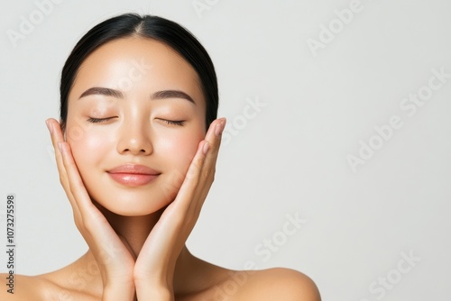 portrait cute asian woman with clean skin, no makeup, skin care concept, minimalism, light background photo