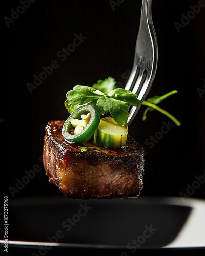 Food photography: a fork with a cut piece of beef and a small slice of green food on top, against a black background, 