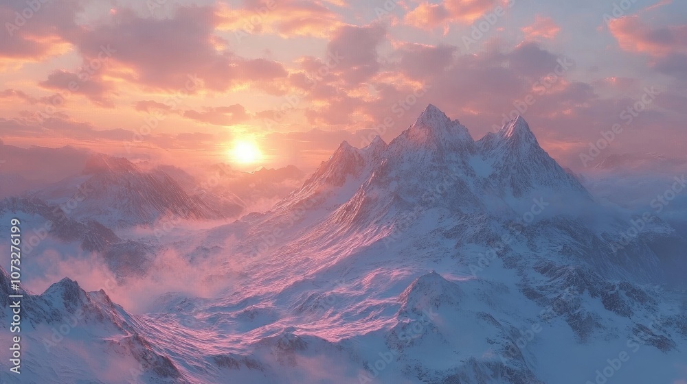 A landscape of snow-covered mountains with soft pink hues of the sunset in the distance A landscape of snow-covered mountains with soft pink hues of the sunset in the distance