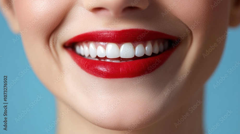 Close-Up of a Beautiful Smiling Woman with Bright White Teeth and Vibrant Red Lips Against a Soft Blue Background for Lifestyle and Beauty Imagery Close-Up of a Beautiful Smiling Woman with Bright White Teeth and Vibrant Red Lips Against a Soft Blue Background for Lifestyle and Beauty Imagery