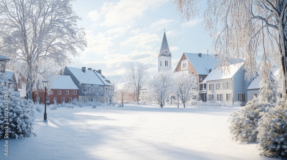 A quiet, snow-covered town square with no people, covered in a thick layer of fresh snow A quiet, snow-covered town square with no people, covered in a thick layer of fresh snow