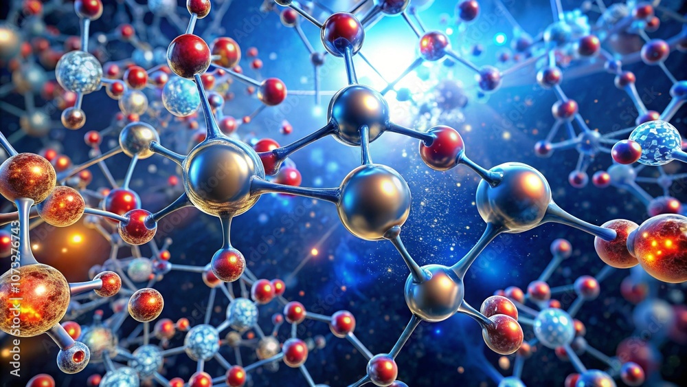 A 3D illustration of atoms being manipulated in real-time to form complex molecular structures for drug delivery systems, with glowing particles navigating the bloodstream A 3D illustration of atoms being manipulated in real-time to form complex molecular structures for drug delivery systems, with glowing particles navigating the bloodstream
