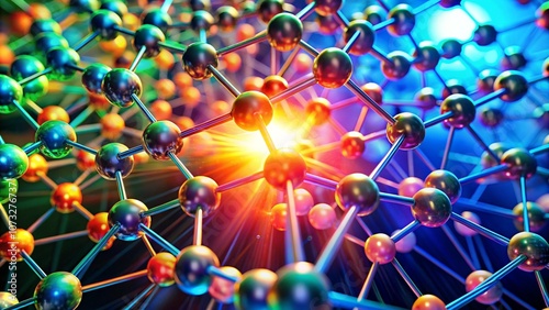 A close-up of atoms interacting with light in a nanomaterial, showing energy absorption and emission at the atomic scale with bright, vivid colors photo