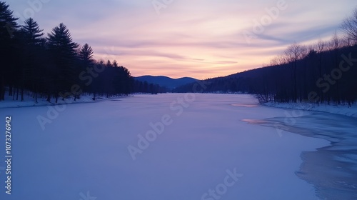 A quiet winter sunset over a frozen lake, with the last light of day casting long shadows on the snow