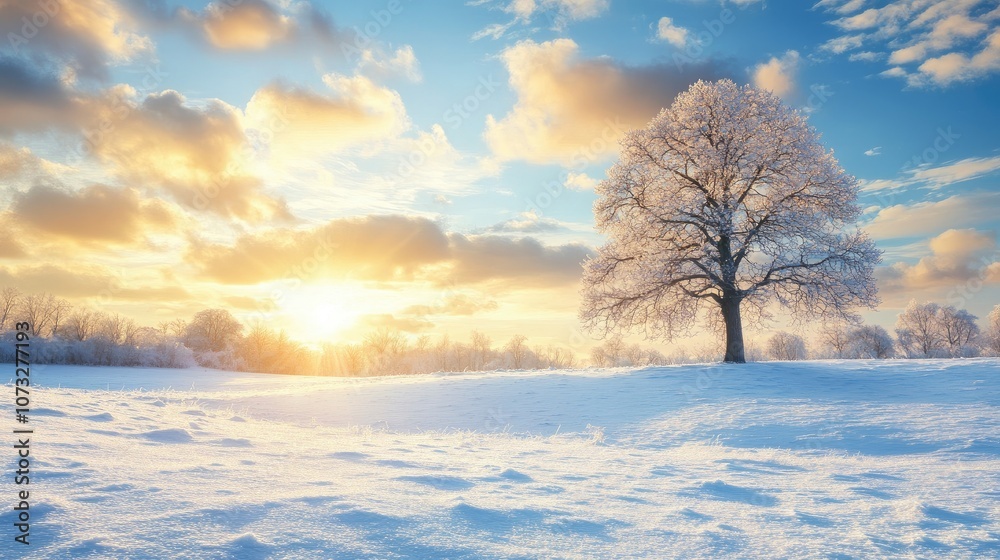 A serene winter landscape with a snow-covered field and a lone tree silhouetted against the sky A serene winter landscape with a snow-covered field and a lone tree silhouetted against the sky