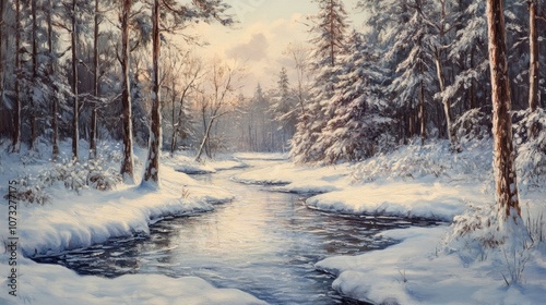 A serene snowy landscape with a frozen stream surrounded by trees blanketed in snow