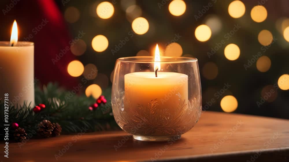 A candle in a glass against a Christmas background
