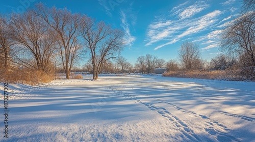 A serene winter morning with soft sunlight casting long shadows on the snow-covered ground