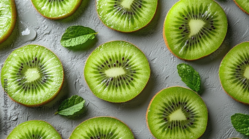 Flat lay of sliced kiwi fruit and mint leaves on gray background.
