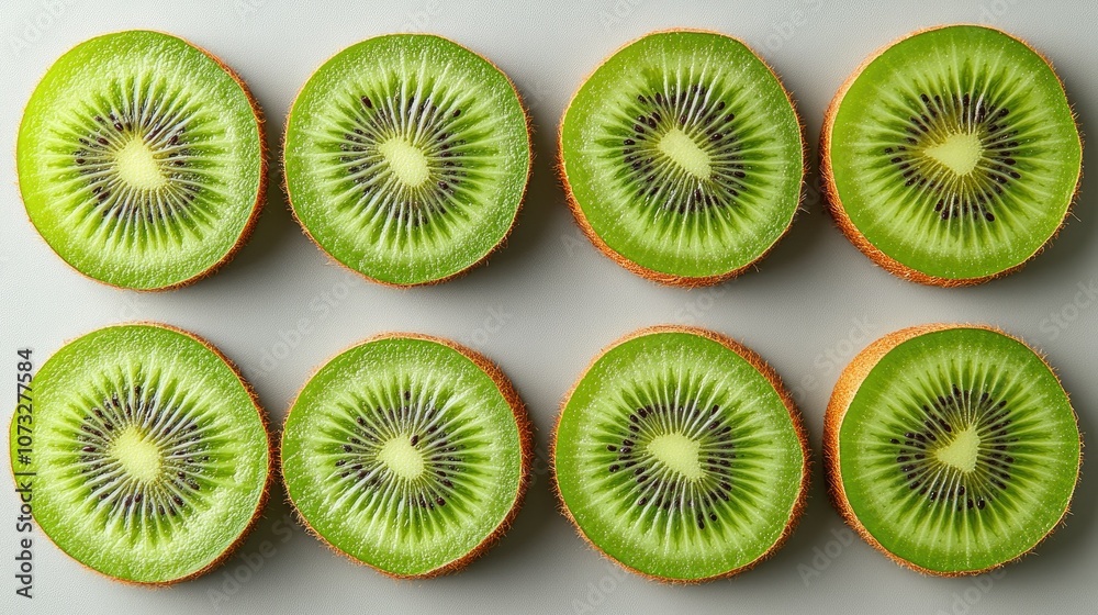 Eight kiwi fruit slices arranged in two rows of four on a grey background. Eight kiwi fruit slices arranged in two rows of four on a grey background.