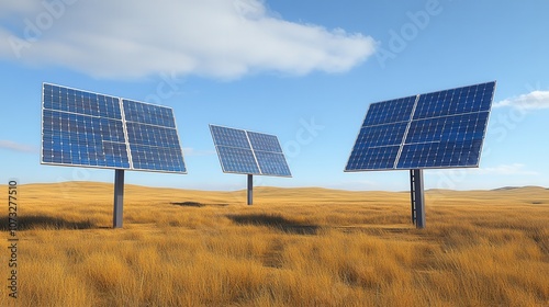 Three solar panels stand tall against a backdrop of blue sky and golden grass, symbolizing renewable energy in harmony with nature. photo