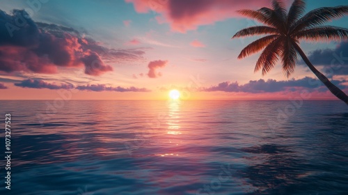 A beautiful sunset over the ocean with a palm tree in the foreground