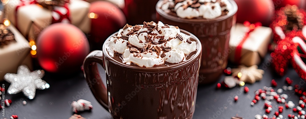 A festive scene featuring rich hot chocolate topped with whipped cream and chocolate shavings, surrounded by Christmas decorations and gifts. A festive scene featuring rich hot chocolate topped with whipped cream and chocolate shavings, surrounded by Christmas decorations and gifts.