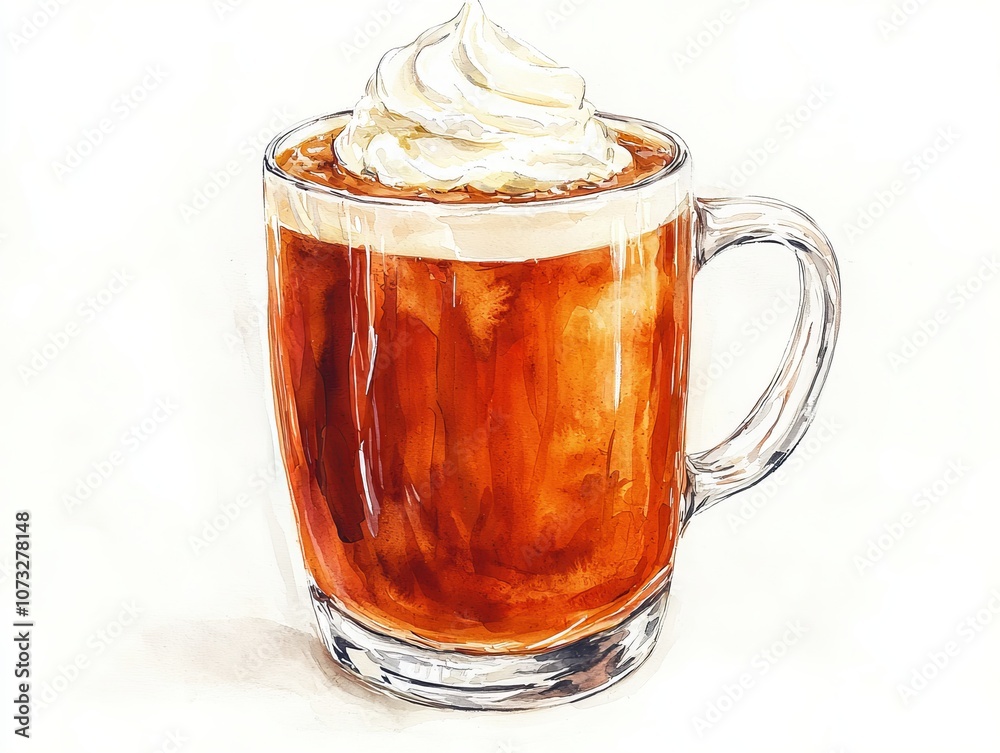 A glass mug filled with dark liquid topped with creamy whipped cream, reminiscent of a delicious ice cream float or dessert beverage. A glass mug filled with dark liquid topped with creamy whipped cream, reminiscent of a delicious ice cream float or dessert beverage.