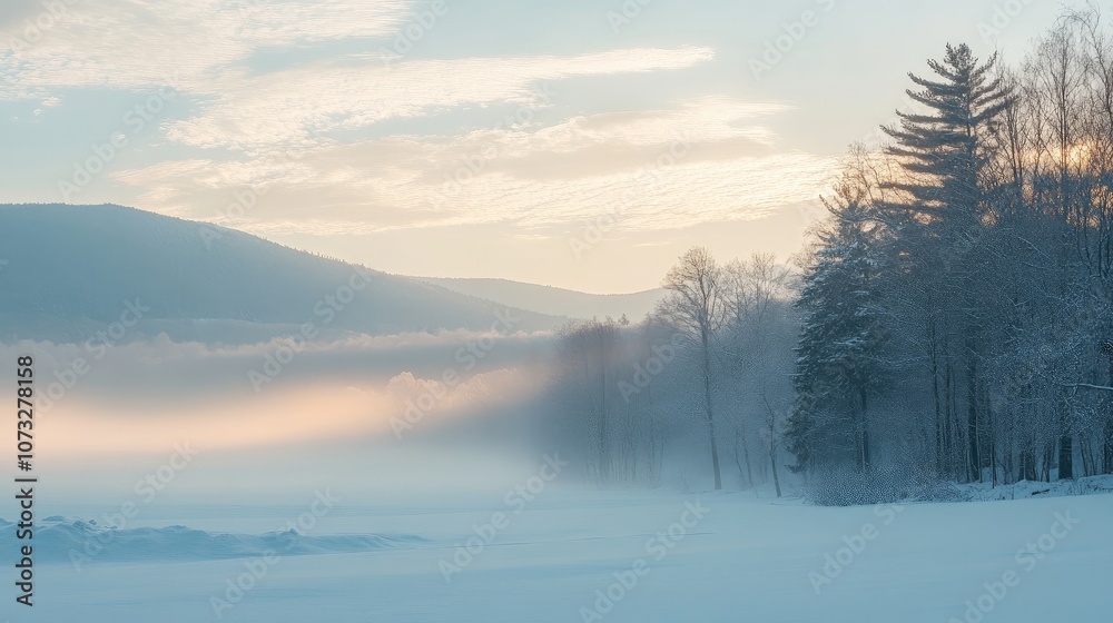 A snowy winter landscape with distant mountains, soft sunlight filtering through the mist A snowy winter landscape with distant mountains, soft sunlight filtering through the mist
