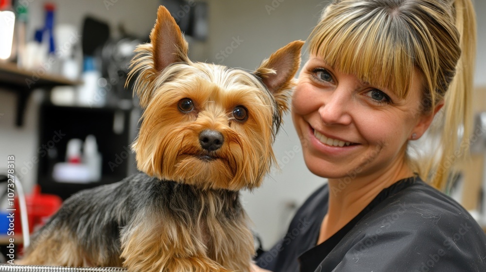 Caring Groomer with Happy Yorkshire Terrier in a Modern Pet Grooming Salon, Showcasing Professional Pet Care and Animal Wellness Services Caring Groomer with Happy Yorkshire Terrier in a Modern Pet Grooming Salon, Showcasing Professional Pet Care and Animal Wellness Services