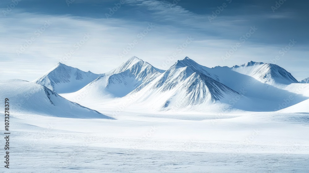 A vast mountain range blanketed in snow, with no signs of human activity in sight A vast mountain range blanketed in snow, with no signs of human activity in sight