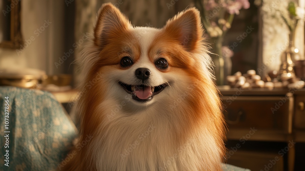 Charming Pomeranian Dog with Fluffy Coat and Playful Expression Sitting on a Vintage Couch in a Cozy Home Interior, Exuding Warmth and Happiness Charming Pomeranian Dog with Fluffy Coat and Playful Expression Sitting on a Vintage Couch in a Cozy Home Interior, Exuding Warmth and Happiness