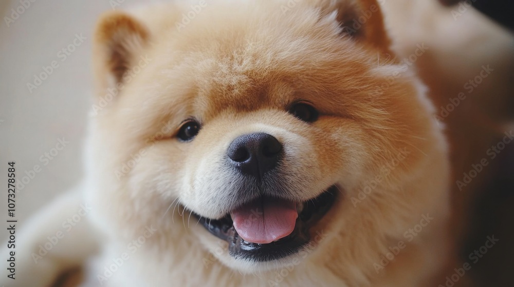 Adorable fluffy chow chow dog with a cheerful expression, showcasing its friendly nature and rich golden fur in a close-up portrait, perfect for pet lovers and animal enthusiasts