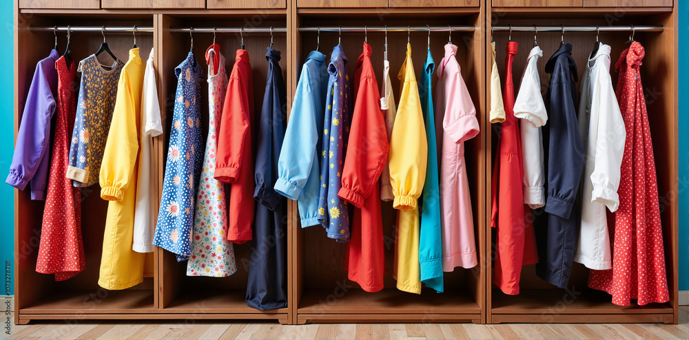 Wardrobe with colorful costumes in dressing room Wardrobe with colorful costumes in dressing room