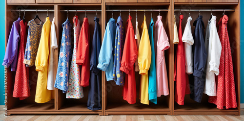 Wardrobe with colorful costumes in dressing room