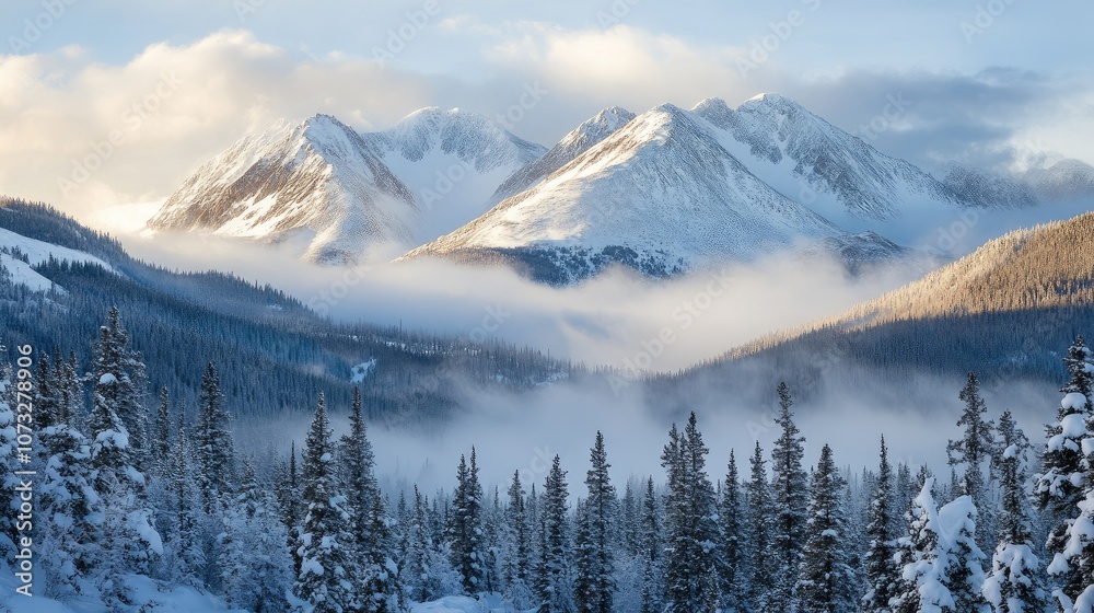 A winter mountain landscape with snow-covered peaks and fog rolling through the valleys A winter mountain landscape with snow-covered peaks and fog rolling through the valleys