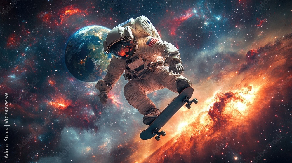 An astronaut skateboarding in space, with Earth and a nebula in the background. An astronaut skateboarding in space, with Earth and a nebula in the background.