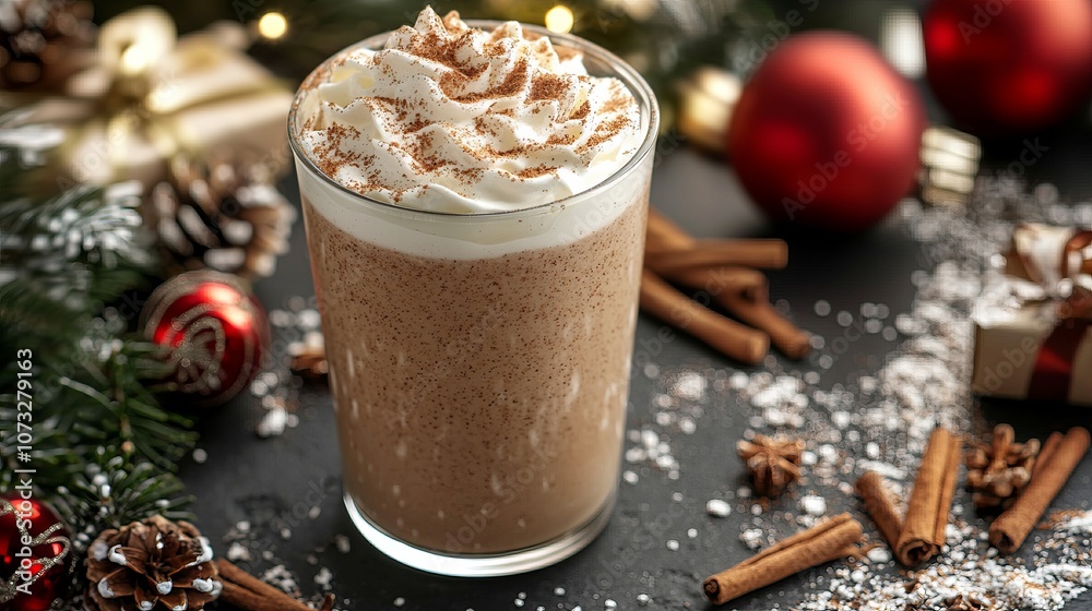 A festive drink topped with whipped cream and chocolate, surrounded by holiday decorations like ornaments and cinnamon sticks. A festive drink topped with whipped cream and chocolate, surrounded by holiday decorations like ornaments and cinnamon sticks.