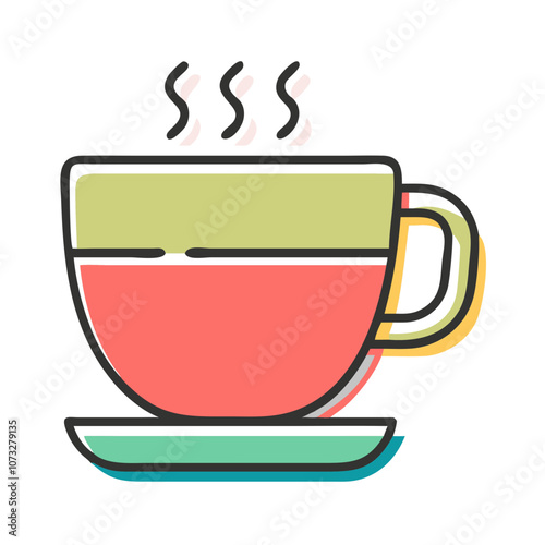 Colorful steaming coffee cup on saucer in flat design style 