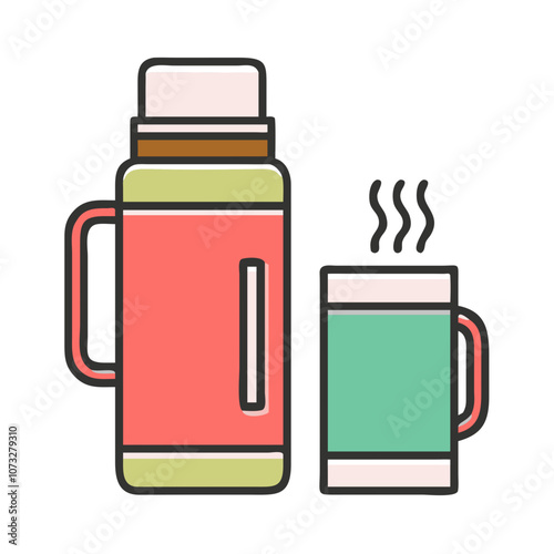 Colorful thermos and cup icon, cozy design for hot beverages, perfect for winter, copy space