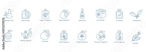 Vector Icons Representing Paraben-Free, Water-Based, Organic Fragrance, Vegan Fragrance, Essential Oil, Eco-Friendly, All-Natural, Sandalwood, Bergamot, Intense Fragrance, Oil-Based, Floral, Woody 