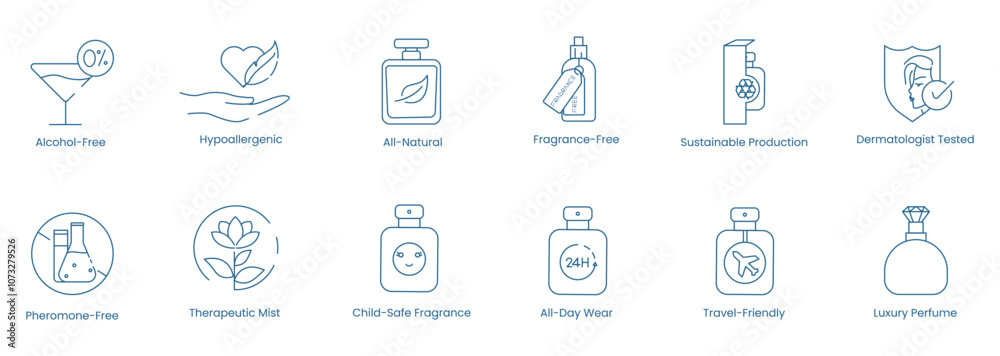 Naklejka premium Vector Icons for Alcohol-Free, Hypoallergenic, All-Natural, Fragrance-Free, Sustainable Production, Dermatologically Tested, Pheromone-Free, Therapeutic Mist, Child-Safe Fragrance, All-Day Wear 