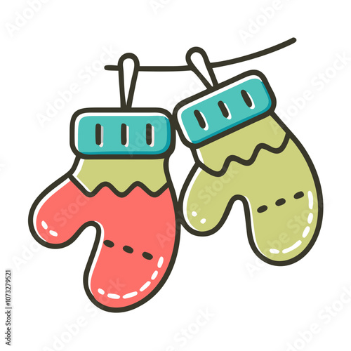 Colorful Christmas mittens hanging on a string, cozy mood, illustration design