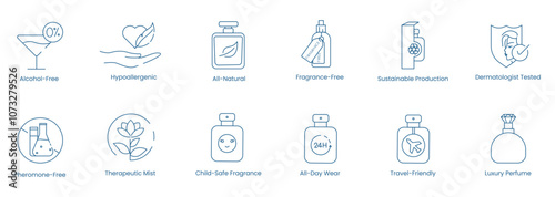 Vector Icons for Alcohol-Free, Hypoallergenic, All-Natural, Fragrance-Free, Sustainable Production, Dermatologically Tested, Pheromone-Free, Therapeutic Mist, Child-Safe Fragrance, All-Day Wear 