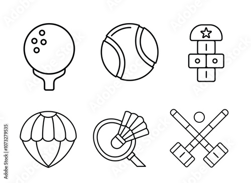 A set of five line icons representing different sports golf, baseball, parachute, badminton, and polo. Each icon is simple and easily recognizable.