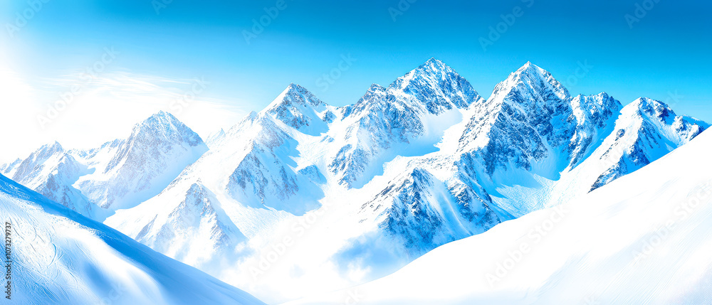 Obraz premium A breathtaking view of snow-capped mountains under a clear blue sky, showcasing the beauty and grandeur of nature in a pristine winter landscape.